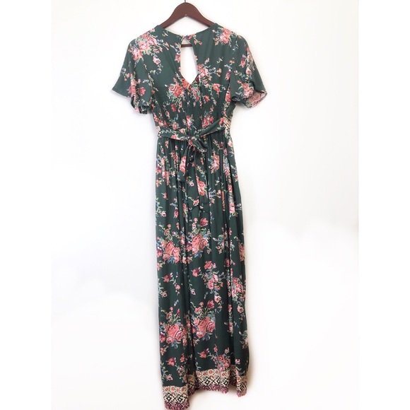 Floral Maxi Dress Green Romper Size Small - Picture 2 of 8